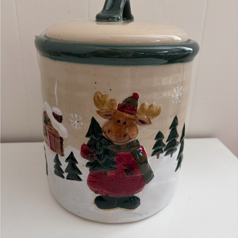 St. Nicholas Square Christmas Set Festive Reindeer Moose Mug and Cookie Canister - Picture 2 of 6